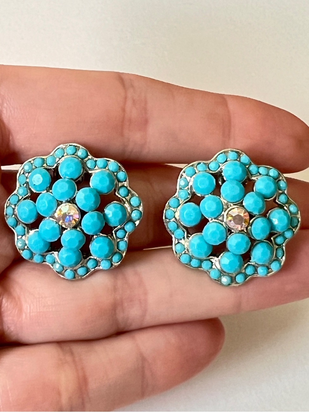 Vintage Turquoise Blue Stone Floral Cluster Clip Earrings Aurora Borealis AB MCM